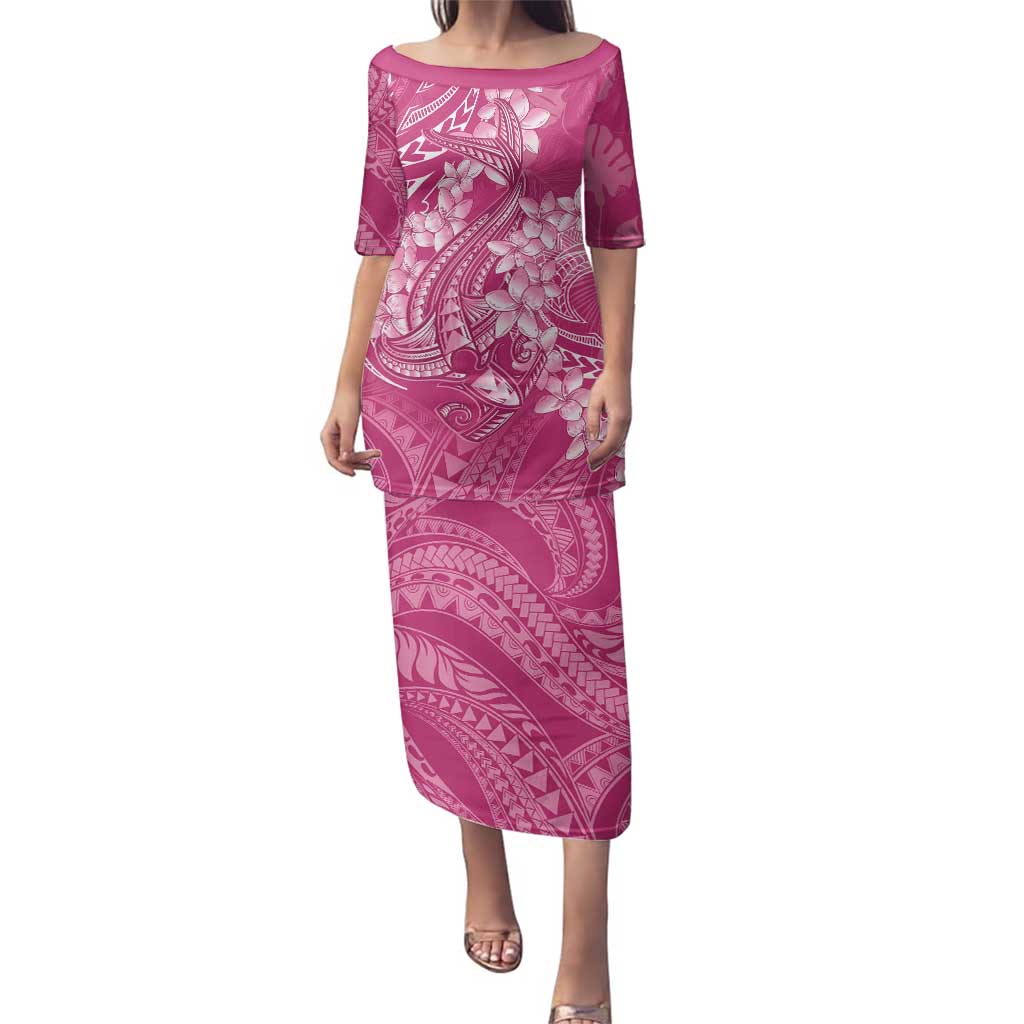Pink Polynesia Hammerhead Shark Tattoo With Plumeria Lei Family Matching Puletasi and Hawaiian Shirt