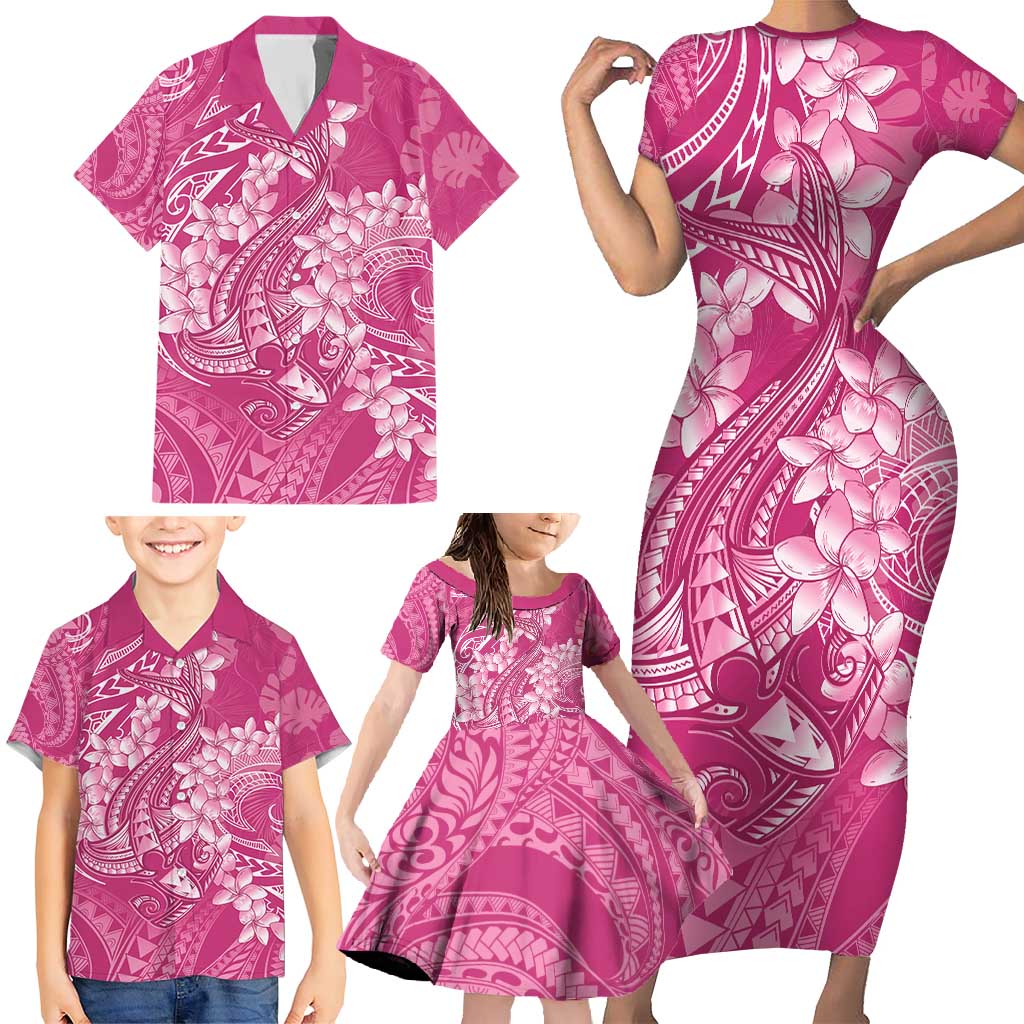 Pink Polynesia Hammerhead Shark Tattoo With Plumeria Lei Family Matching Short Sleeve Bodycon Dress and Hawaiian Shirt LT14 - Polynesian Pride