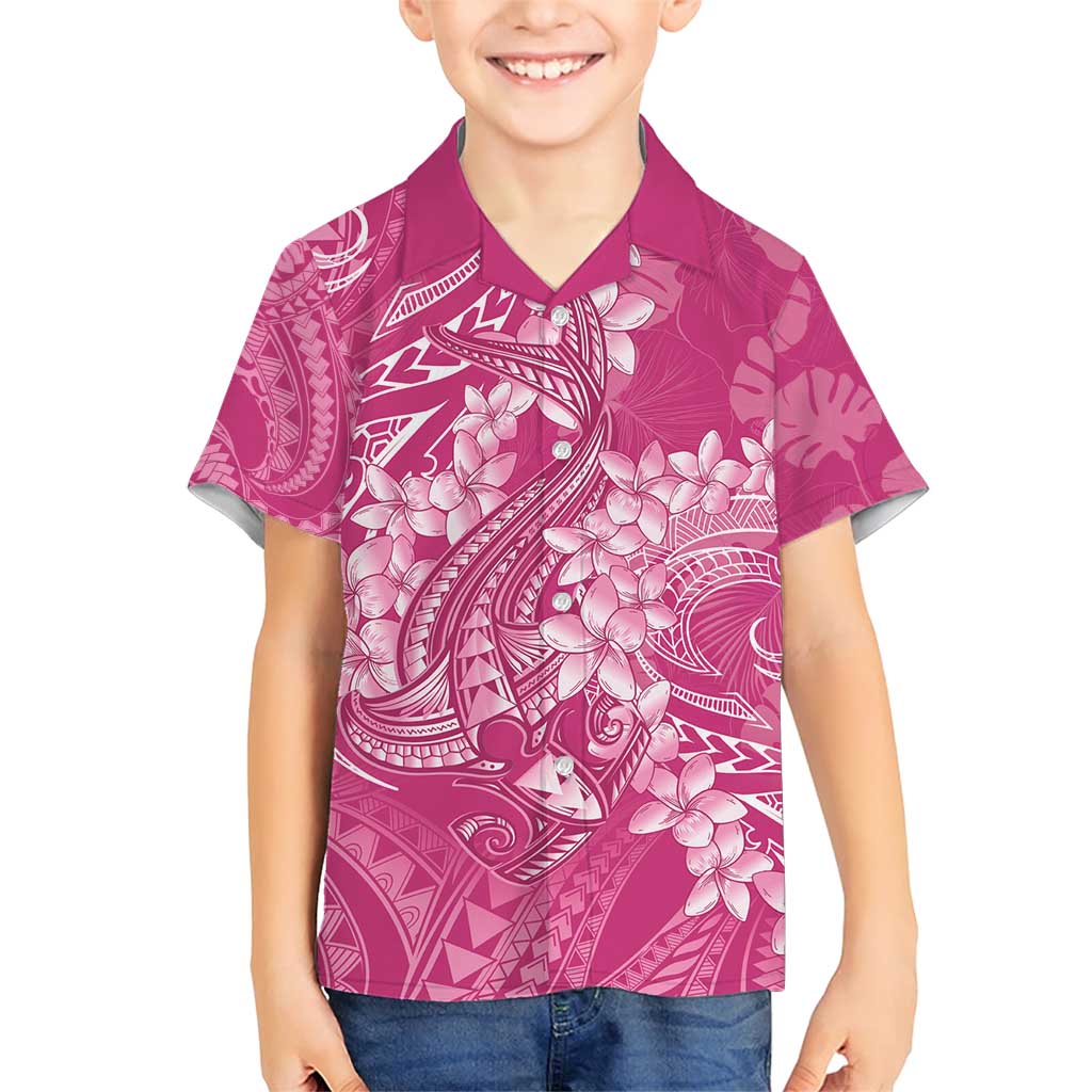 Pink Polynesia Hammerhead Shark Tattoo With Plumeria Lei Family Matching Short Sleeve Bodycon Dress and Hawaiian Shirt LT14 Son's Shirt Pink - Polynesian Pride