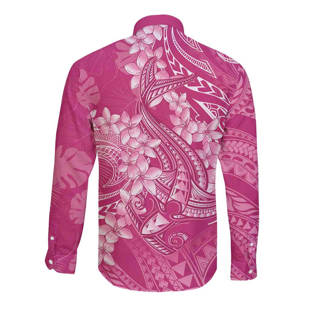 Pink Polynesia Hammerhead Shark Tattoo With Plumeria Lei Long Sleeve Button Shirt