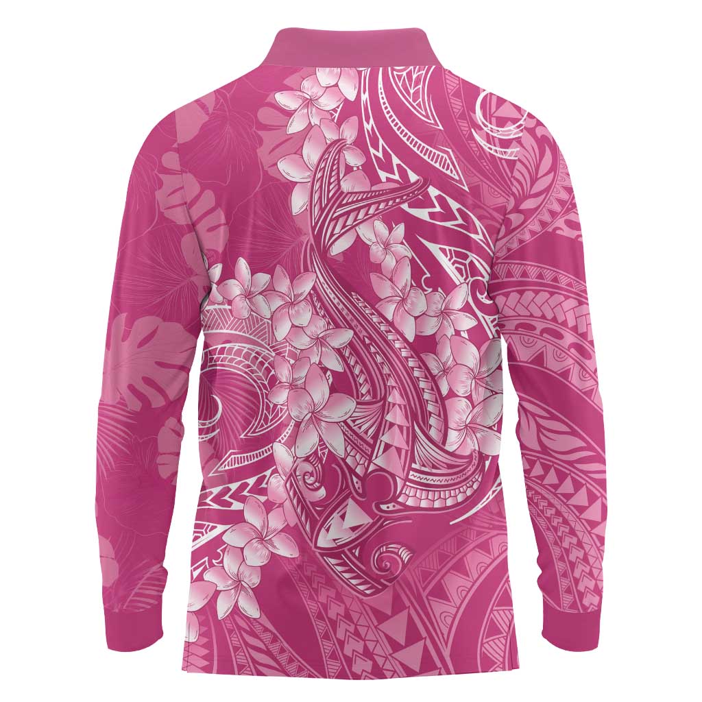 Pink Polynesia Hammerhead Shark Tattoo With Plumeria Lei Long Sleeve Polo Shirt LT14 - Polynesian Pride