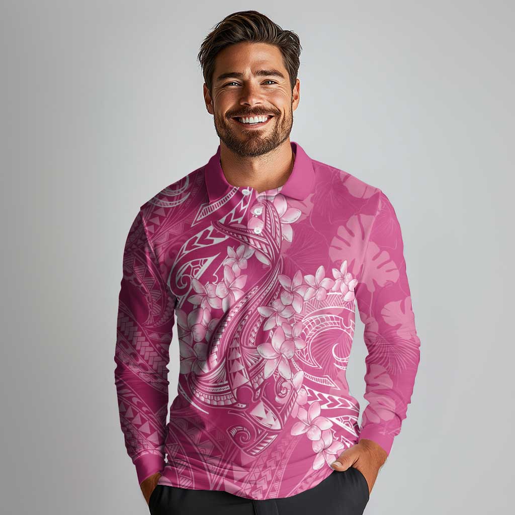 Pink Polynesia Hammerhead Shark Tattoo With Plumeria Lei Long Sleeve Polo Shirt LT14 - Polynesian Pride