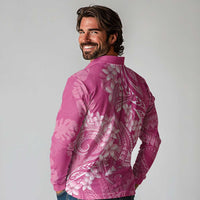 Pink Polynesia Hammerhead Shark Tattoo With Plumeria Lei Long Sleeve Polo Shirt LT14 - Polynesian Pride