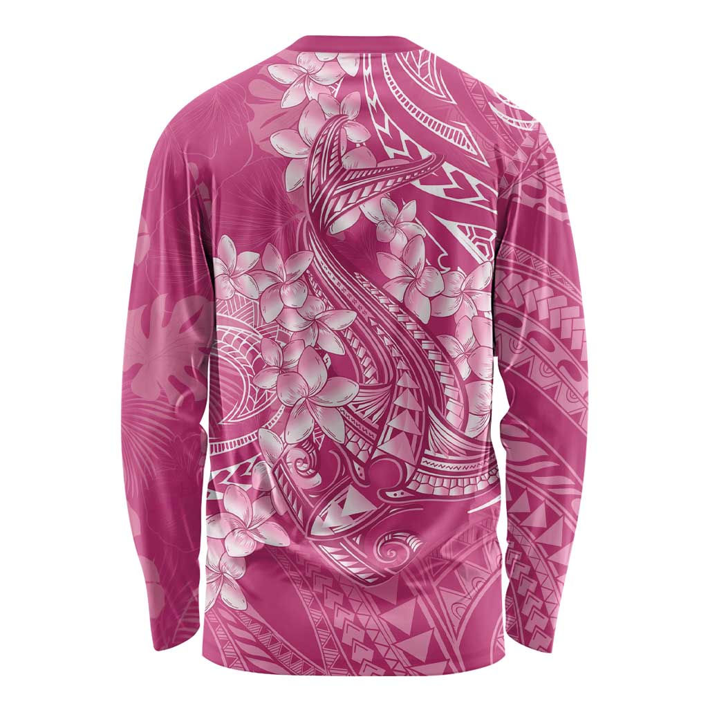 Pink Polynesia Hammerhead Shark Tattoo With Plumeria Lei Long Sleeve Shirt