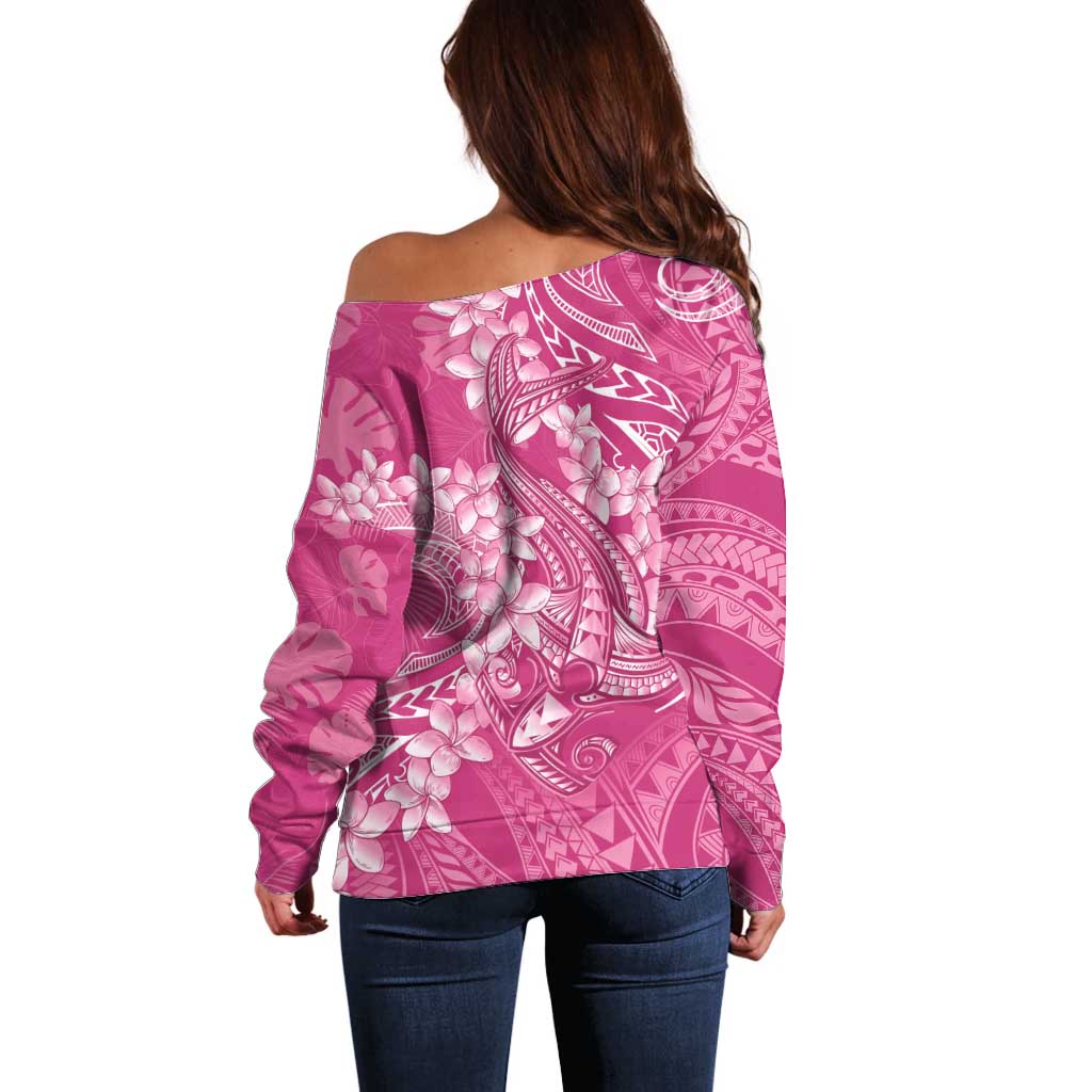 Pink Polynesia Hammerhead Shark Tattoo With Plumeria Lei Off Shoulder Sweater