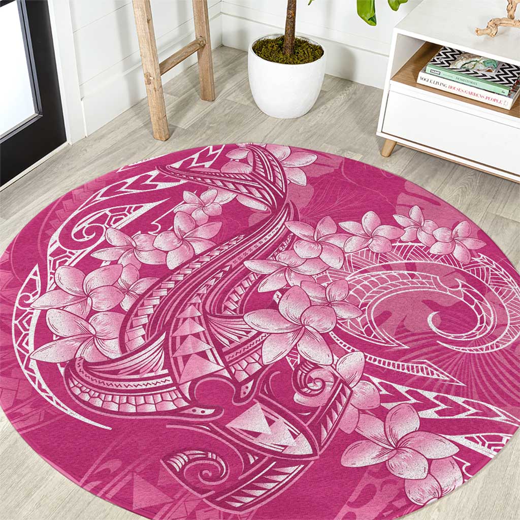 Pink Polynesia Hammerhead Shark Tattoo With Plumeria Lei Round Carpet