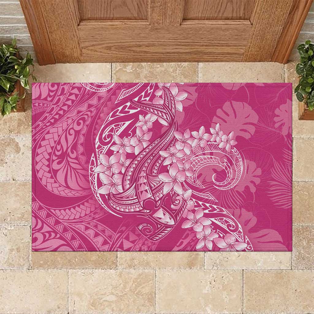 Pink Polynesia Hammerhead Shark Tattoo With Plumeria Lei Rubber Doormat