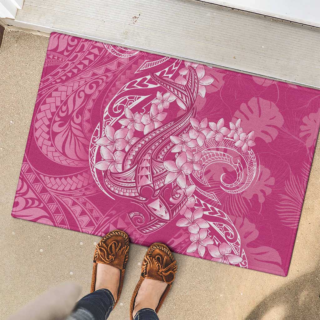 Pink Polynesia Hammerhead Shark Tattoo With Plumeria Lei Rubber Doormat