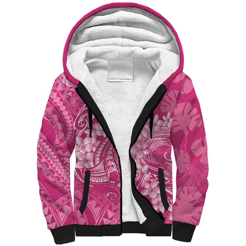 Pink Polynesia Hammerhead Shark Tattoo With Plumeria Lei Sherpa Hoodie