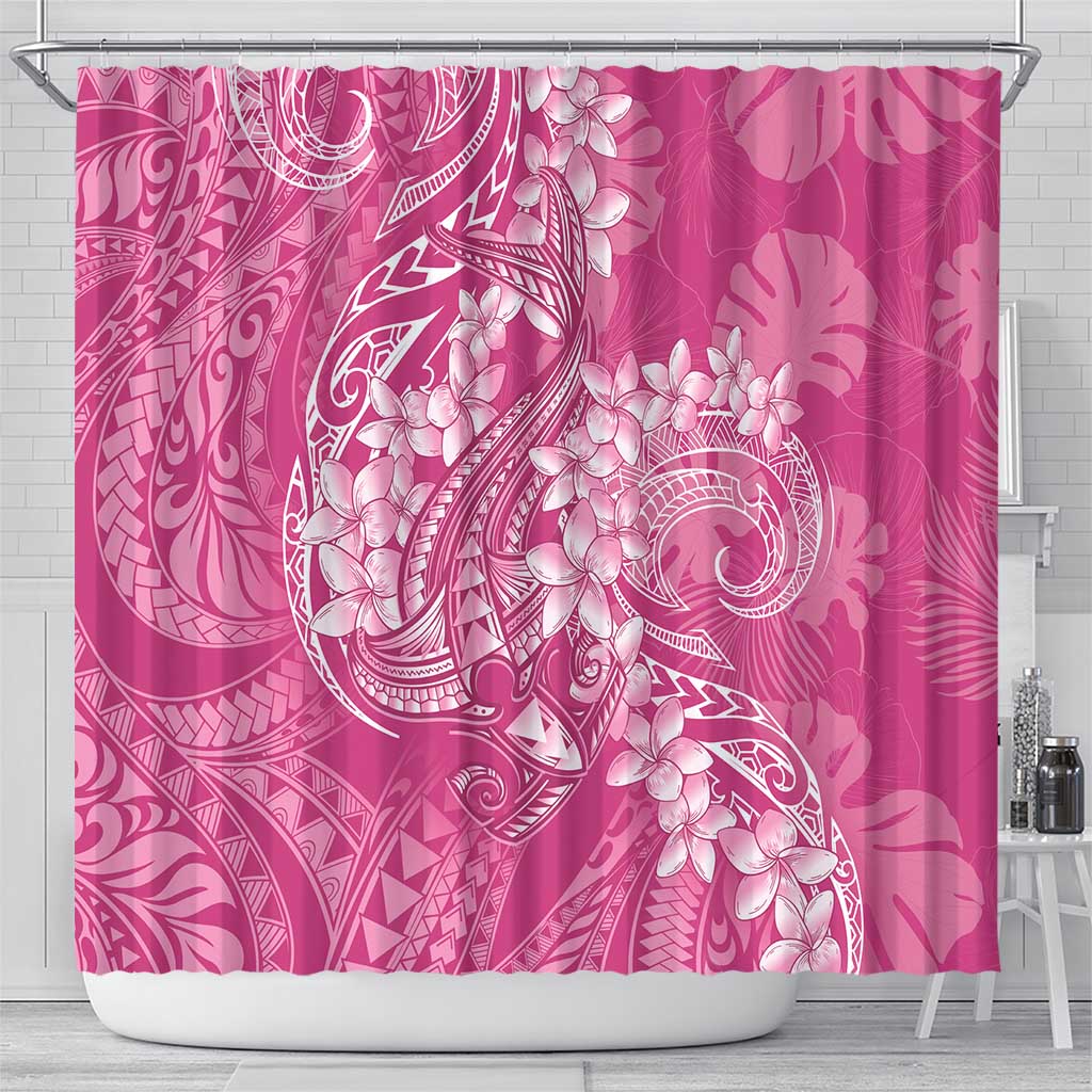 Pink Polynesia Hammerhead Shark Tattoo With Plumeria Lei Shower Curtain