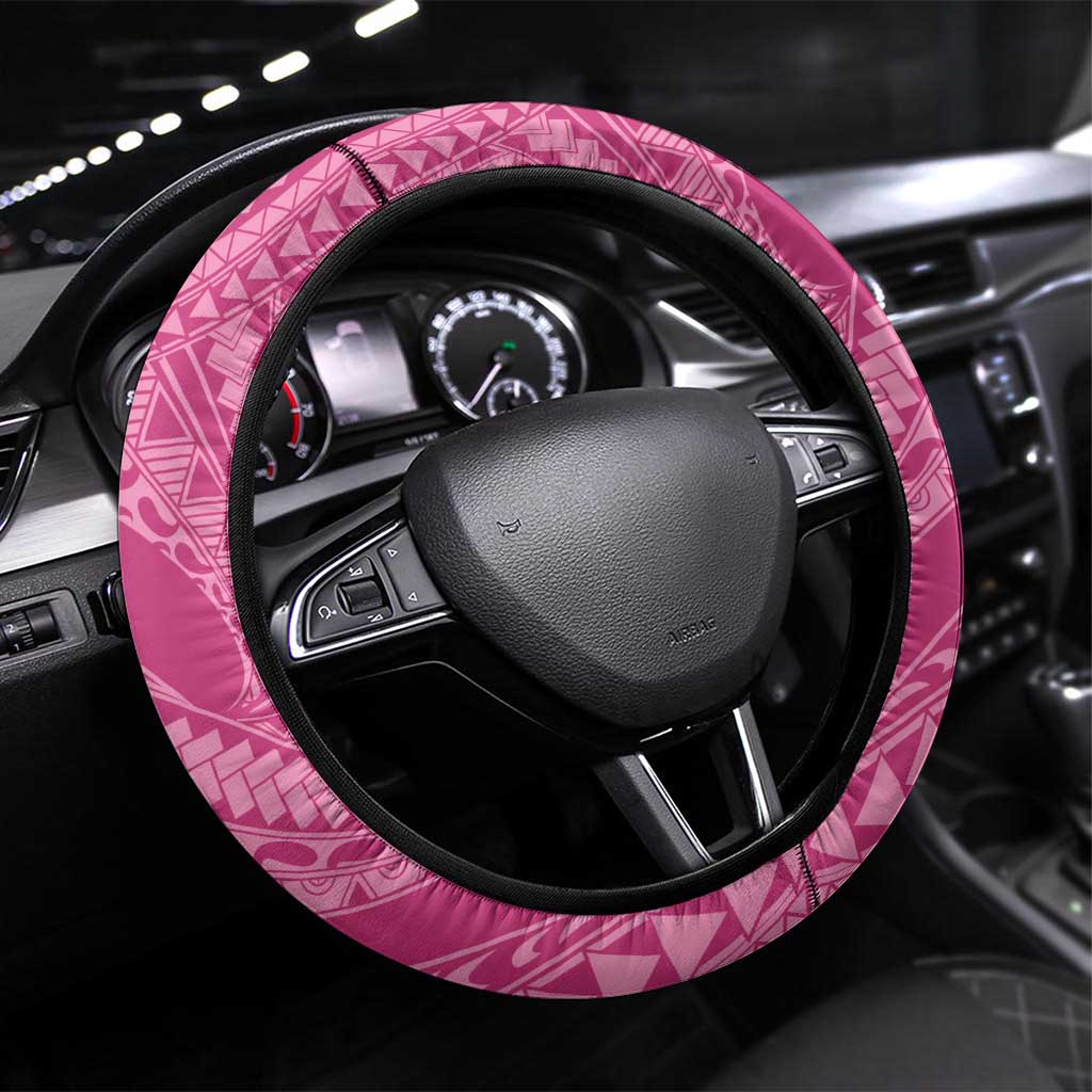 Pink Polynesia Hammerhead Shark Tattoo With Plumeria Lei Steering Wheel Cover