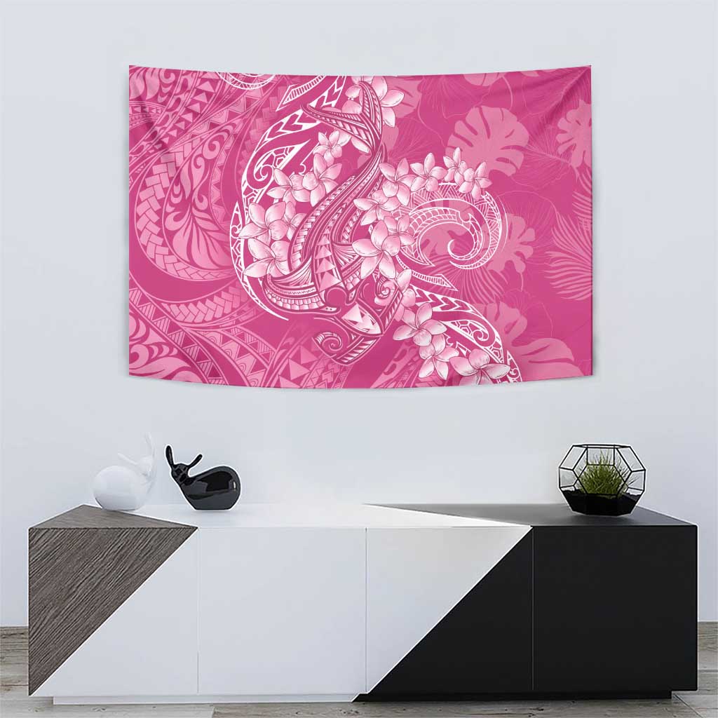 Pink Polynesia Hammerhead Shark Tattoo With Plumeria Lei Tapestry
