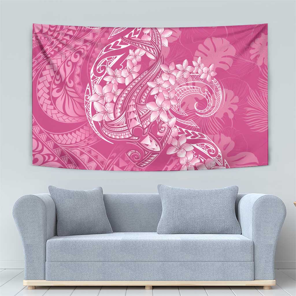 Pink Polynesia Hammerhead Shark Tattoo With Plumeria Lei Tapestry