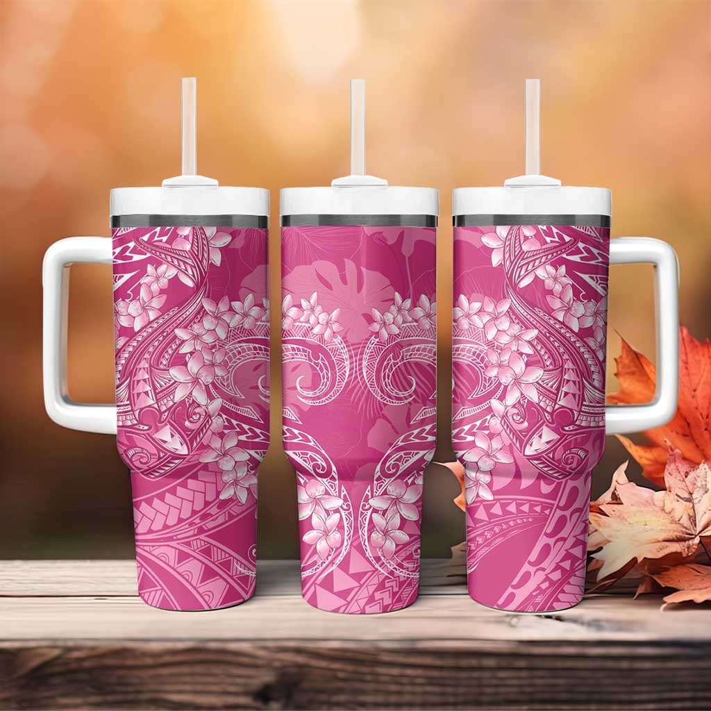 Pink Polynesia Hammerhead Shark Tattoo With Plumeria Lei Tumbler With Handle