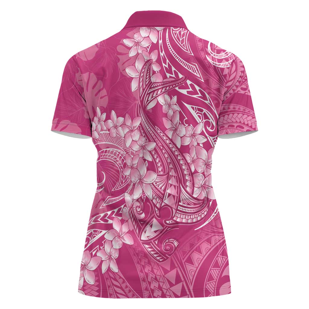Pink Polynesia Hammerhead Shark Tattoo With Plumeria Lei Women Polo Shirt