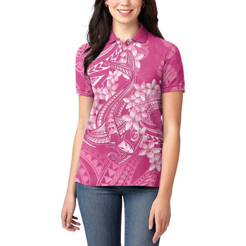 Pink Polynesia Hammerhead Shark Tattoo With Plumeria Lei Women Polo Shirt
