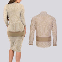 Mauri Ribaberiki Kiribati Couples Matching Long Sleeve Bodycon Dress and Long Sleeve Button Shirt Cowrie Shells Lei Palm Leaf Weaving