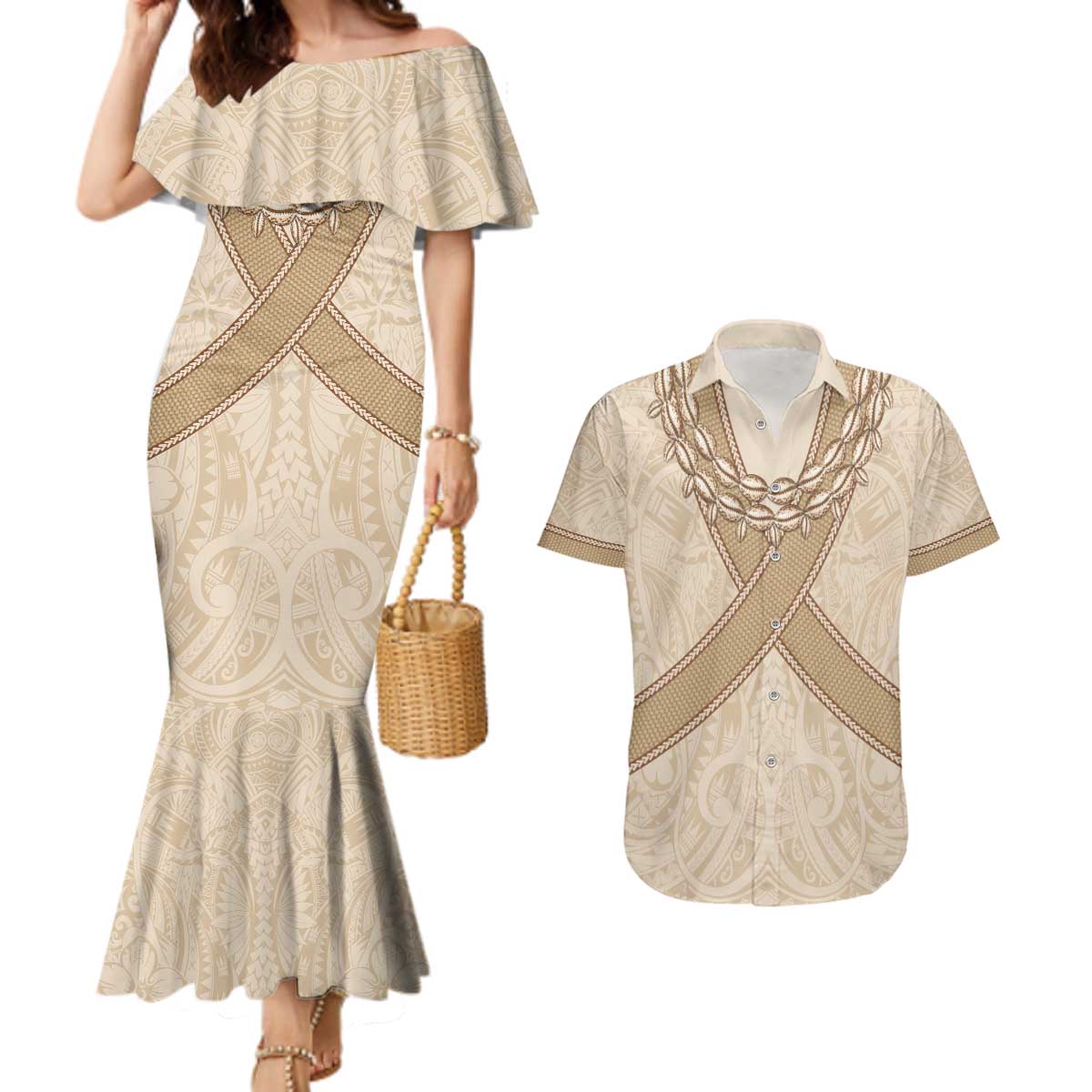 Mauri Ribaberiki Kiribati Couples Matching Mermaid Dress and Hawaiian Shirt Cowrie Shells Lei Palm Leaf Weaving