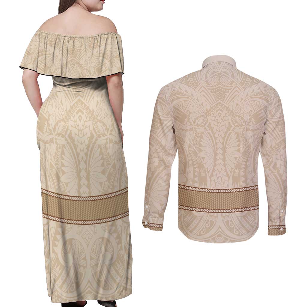 Mauri Ribaberiki Kiribati Couples Matching Off Shoulder Maxi Dress and Long Sleeve Button Shirt Cowrie Shells Lei Palm Leaf Weaving