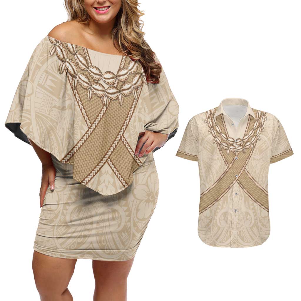 Mauri Ribaberiki Kiribati Couples Matching Off Shoulder Short Dress and Hawaiian Shirt Cowrie Shells Lei Palm Leaf Weaving