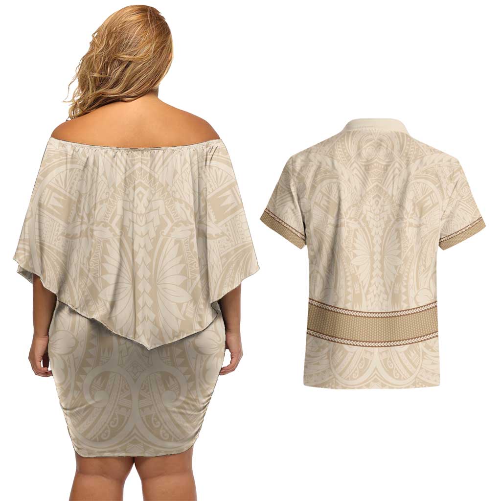 Mauri Ribaberiki Kiribati Couples Matching Off Shoulder Short Dress and Hawaiian Shirt Cowrie Shells Lei Palm Leaf Weaving