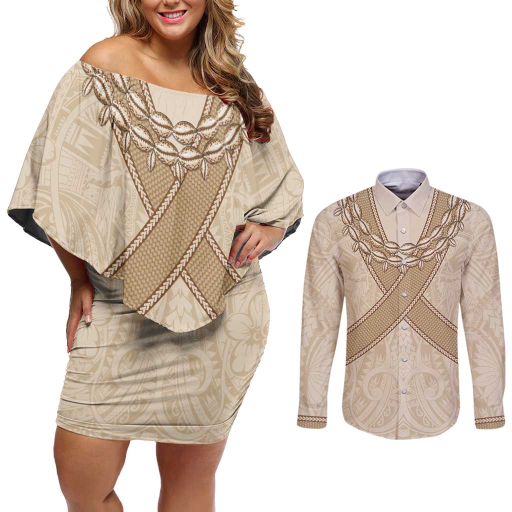 Mauri Ribaberiki Kiribati Couples Matching Off Shoulder Short Dress and Long Sleeve Button Shirt Cowrie Shells Lei Palm Leaf Weaving