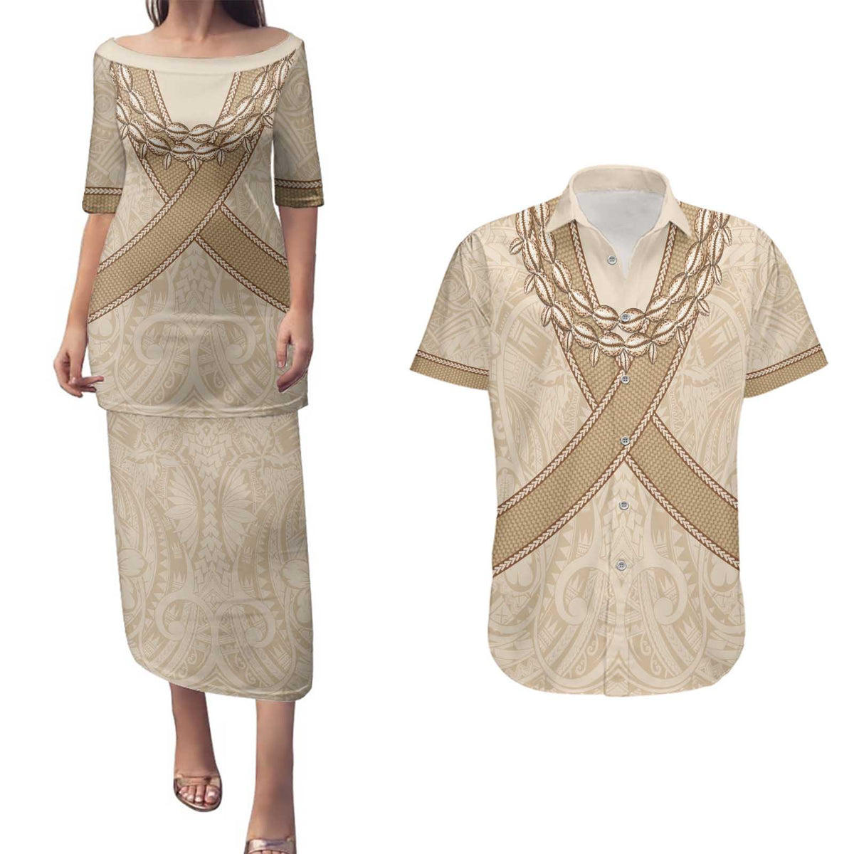 Mauri Ribaberiki Kiribati Couples Matching Puletasi and Hawaiian Shirt Cowrie Shells Lei Palm Leaf Weaving