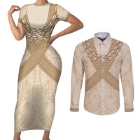 Mauri Ribaberiki Kiribati Couples Matching Short Sleeve Bodycon Dress and Long Sleeve Button Shirt Cowrie Shells Lei Palm Leaf Weaving