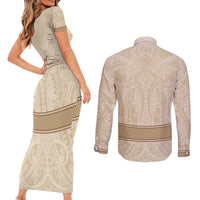 Mauri Ribaberiki Kiribati Couples Matching Short Sleeve Bodycon Dress and Long Sleeve Button Shirt Cowrie Shells Lei Palm Leaf Weaving