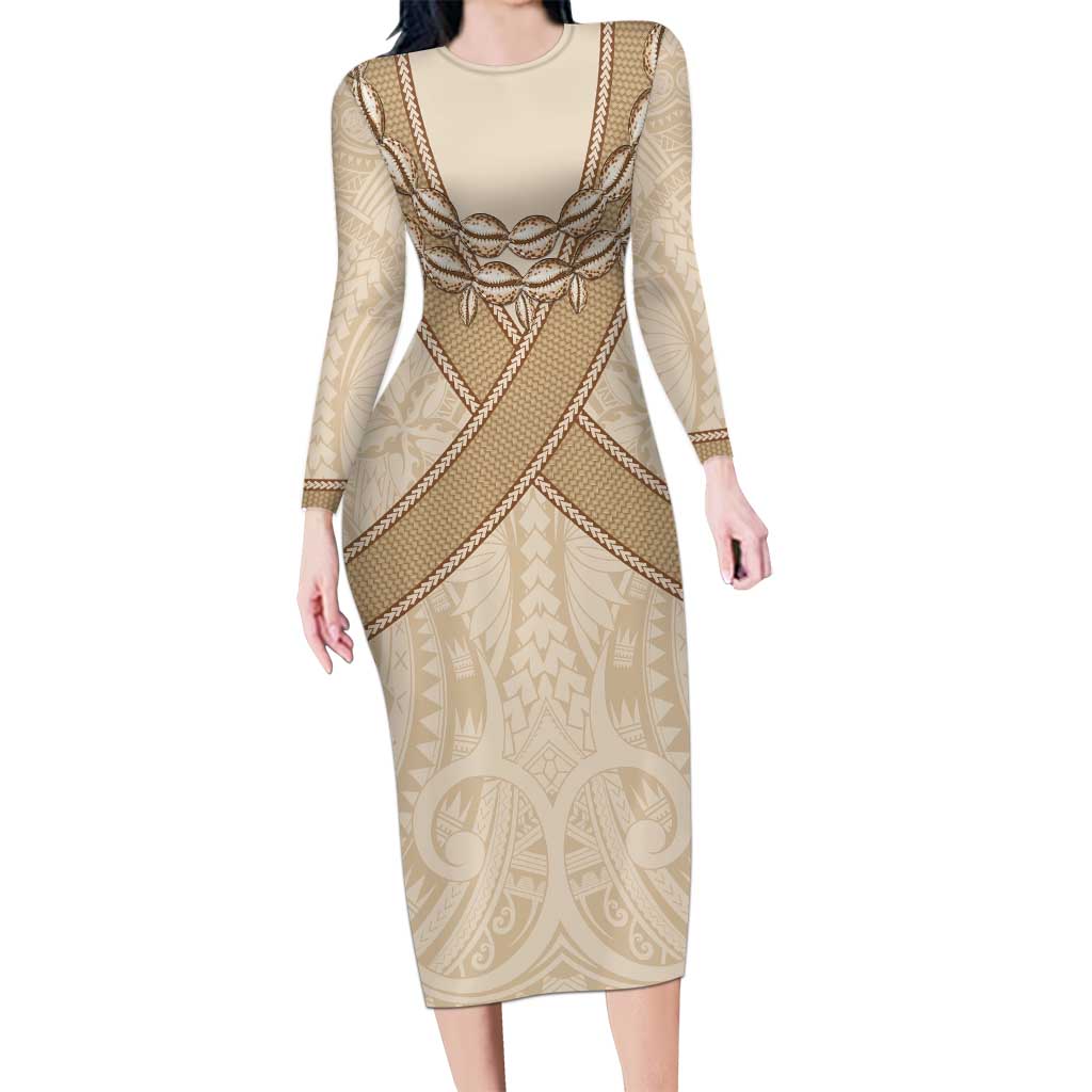 Mauri Ribaberiki Kiribati Family Matching Long Sleeve Bodycon Dress and Hawaiian Shirt Cowrie Shells Lei Palm Leaf Weaving