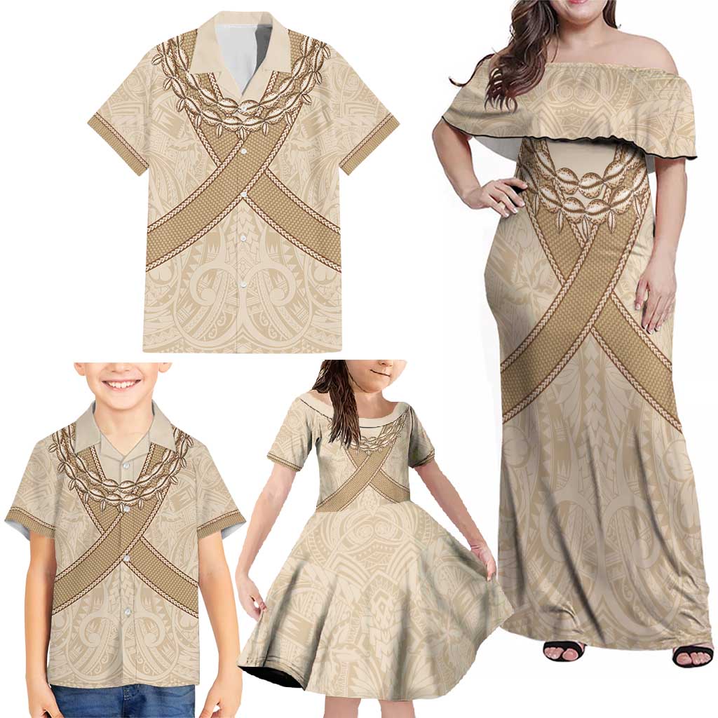 Mauri Ribaberiki Kiribati Family Matching Off Shoulder Maxi Dress and Hawaiian Shirt Cowrie Shells Lei Palm Leaf Weaving