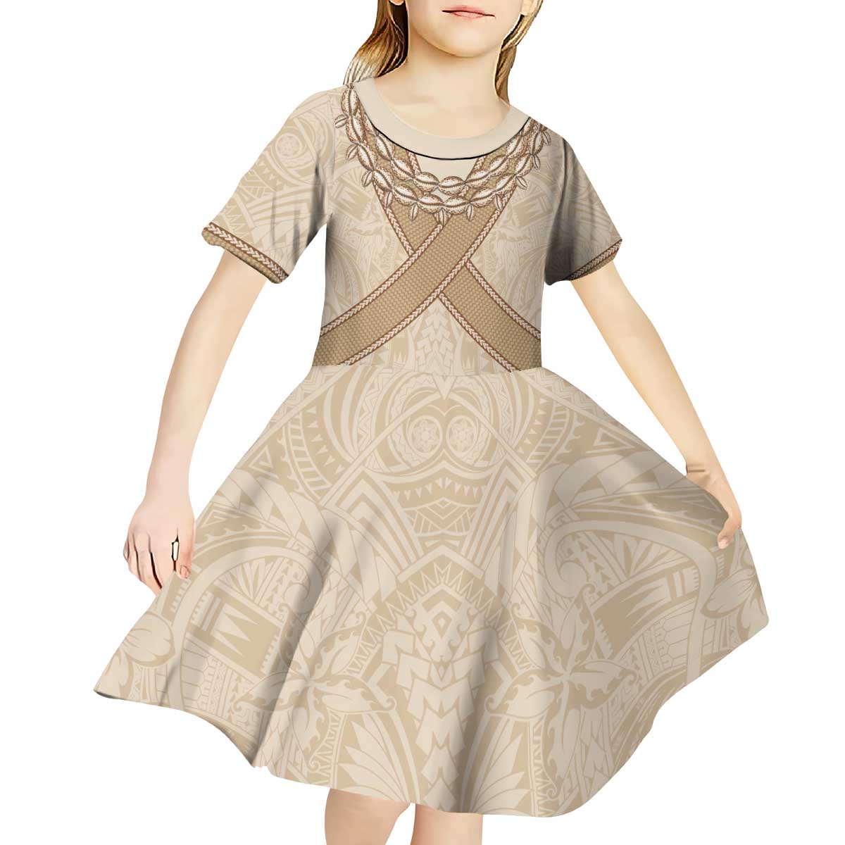 Mauri Ribaberiki Kiribati Kid Short Sleeve Dress Cowrie Shells Lei Palm Leaf Weaving