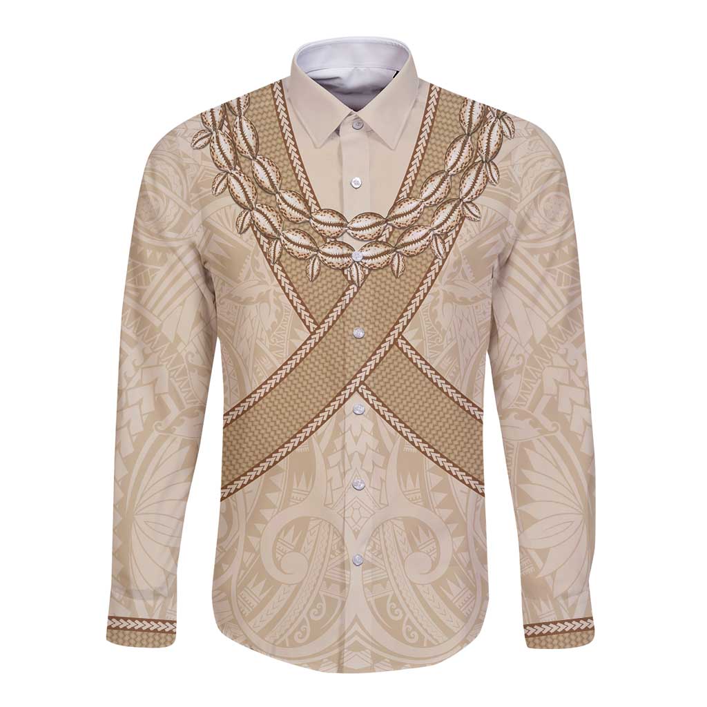 Mauri Ribaberiki Kiribati Long Sleeve Button Shirt Cowrie Shells Lei Palm Leaf Weaving