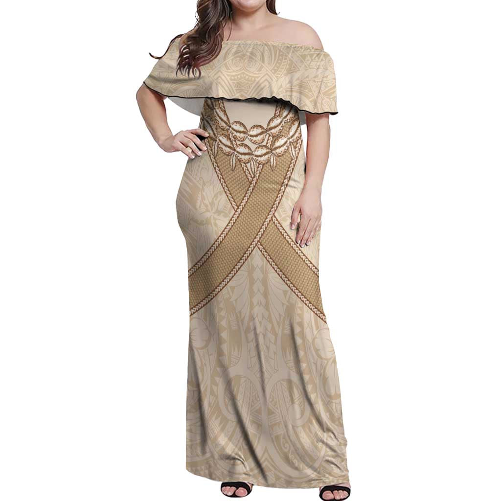 Mauri Ribaberiki Kiribati Off Shoulder Maxi Dress Cowrie Shells Lei Palm Leaf Weaving