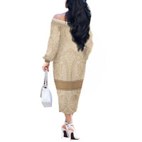 Mauri Ribaberiki Kiribati Off The Shoulder Long Sleeve Dress Cowrie Shells Lei Palm Leaf Weaving