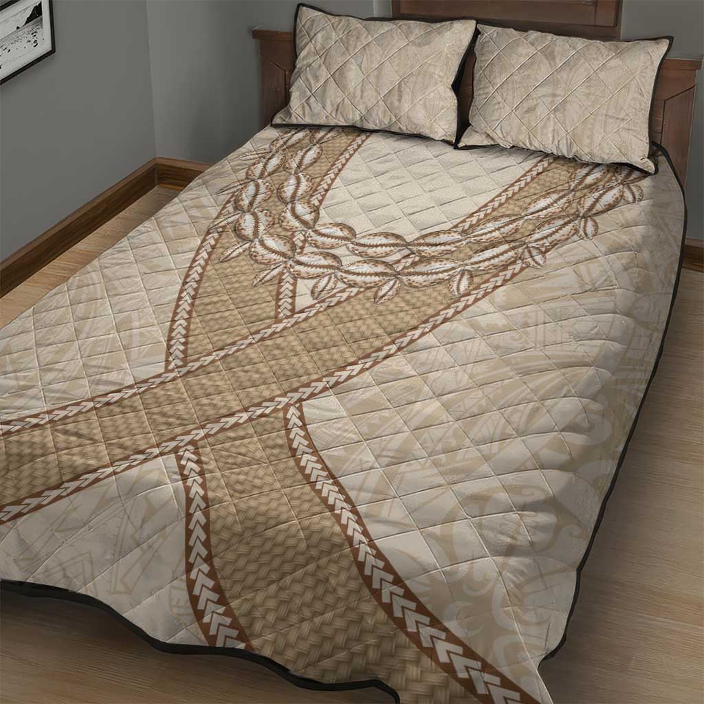 Mauri Ribaberiki Kiribati Quilt Bed Set Cowrie Shells Lei Palm Leaf Weaving