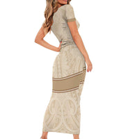 Mauri Ribaberiki Kiribati Short Sleeve Bodycon Dress Cowrie Shells Lei Palm Leaf Weaving