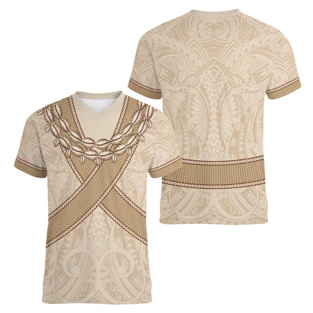 Mauri Ribaberiki Kiribati Women V-Neck T-Shirt Cowrie Shells Lei Palm Leaf Weaving