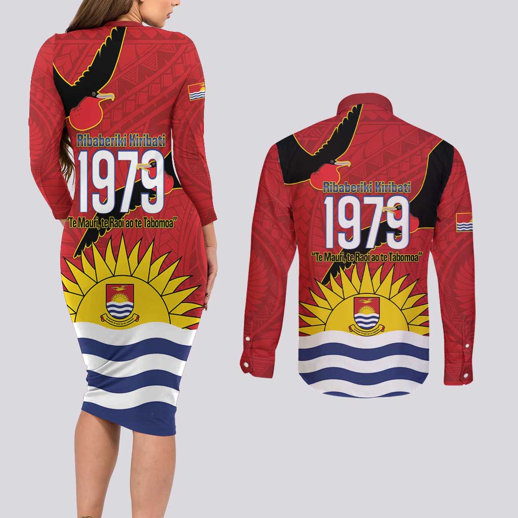 Mauri Kiribati Independence Day Couples Matching Long Sleeve Bodycon Dress and Long Sleeve Button Shirt 1979 Proud National Frigatebird