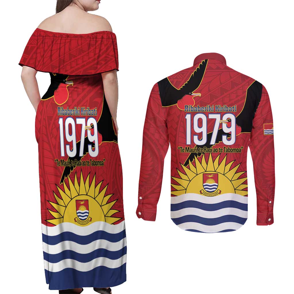 Mauri Kiribati Independence Day Couples Matching Off Shoulder Maxi Dress and Long Sleeve Button Shirt 1979 Proud National Frigatebird