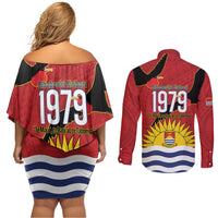 Mauri Kiribati Independence Day Couples Matching Off Shoulder Short Dress and Long Sleeve Button Shirt 1979 Proud National Frigatebird