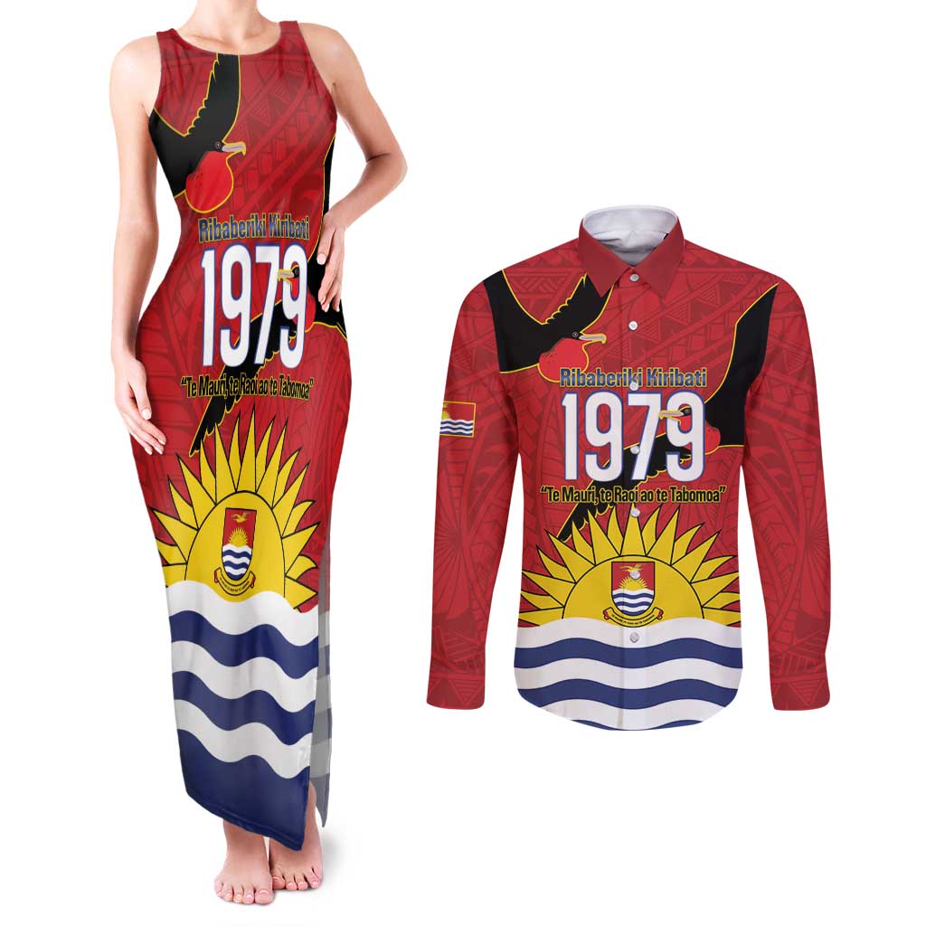 Mauri Kiribati Independence Day Couples Matching Tank Maxi Dress and Long Sleeve Button Shirt 1979 Proud National Frigatebird