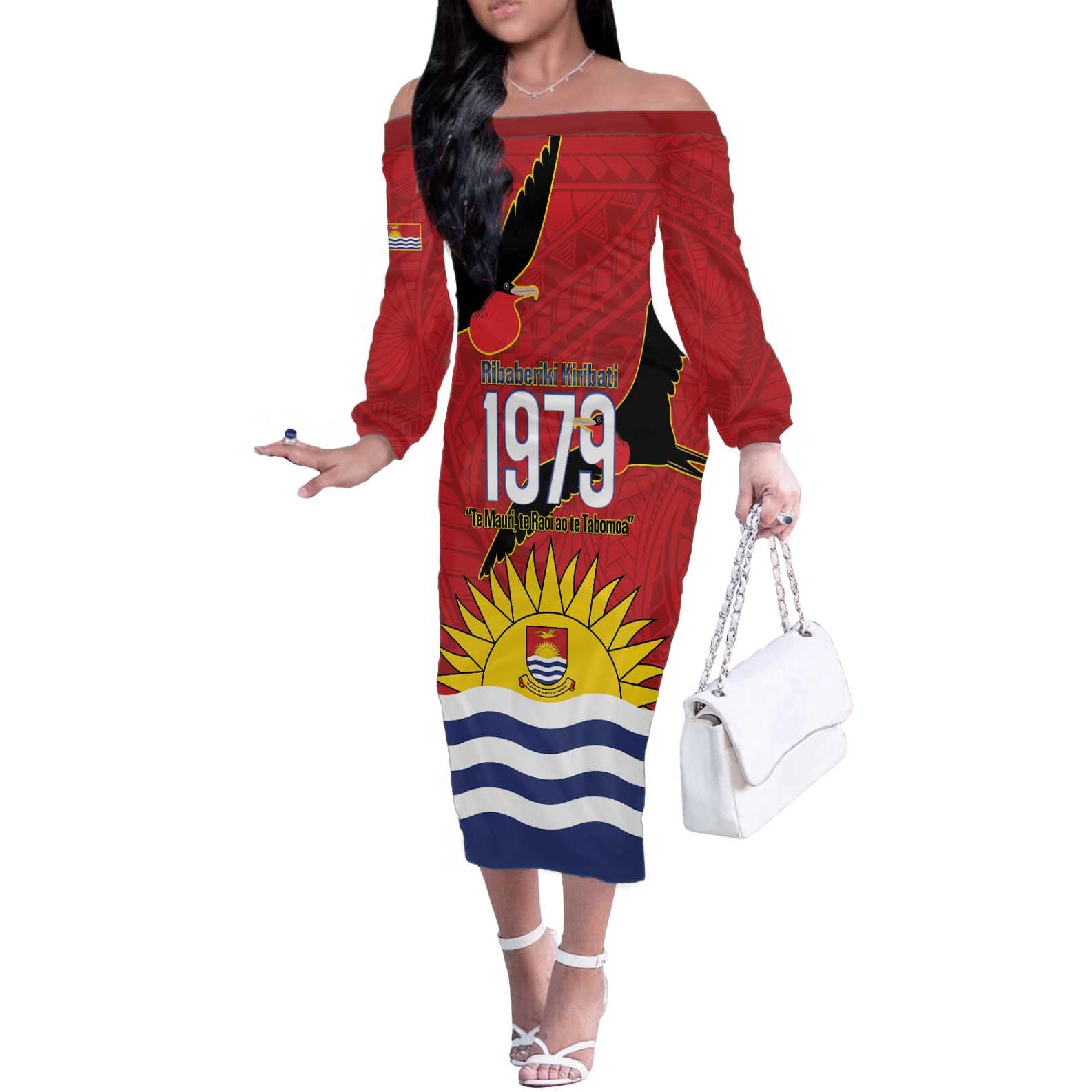 Mauri Kiribati Independence Day Off The Shoulder Long Sleeve Dress 1979 Proud National Frigatebird