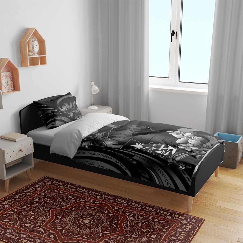 Black Hafa Adai Guam Bedding Set Chamorro Latte Stone Hand With Plumeria