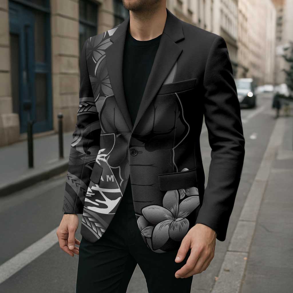 Black Hafa Adai Guam Blazer Chamorro Latte Stone Hand With Plumeria - Polynesian Pride