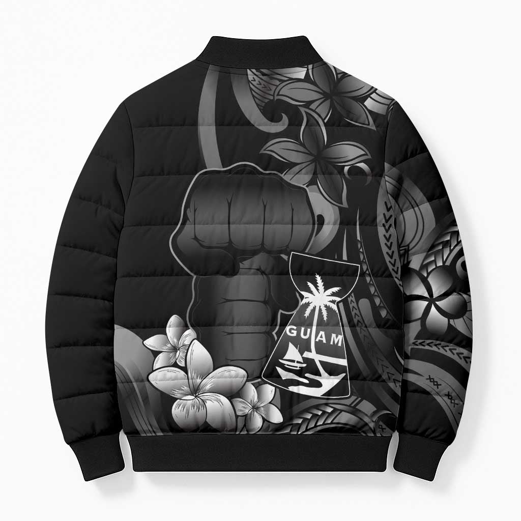 Black Hafa Adai Guam Bomber Puffer Jacket Chamorro Latte Stone Hand With Plumeria - Polynesian Pride