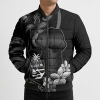 Black Hafa Adai Guam Bomber Puffer Jacket Chamorro Latte Stone Hand With Plumeria - Polynesian Pride