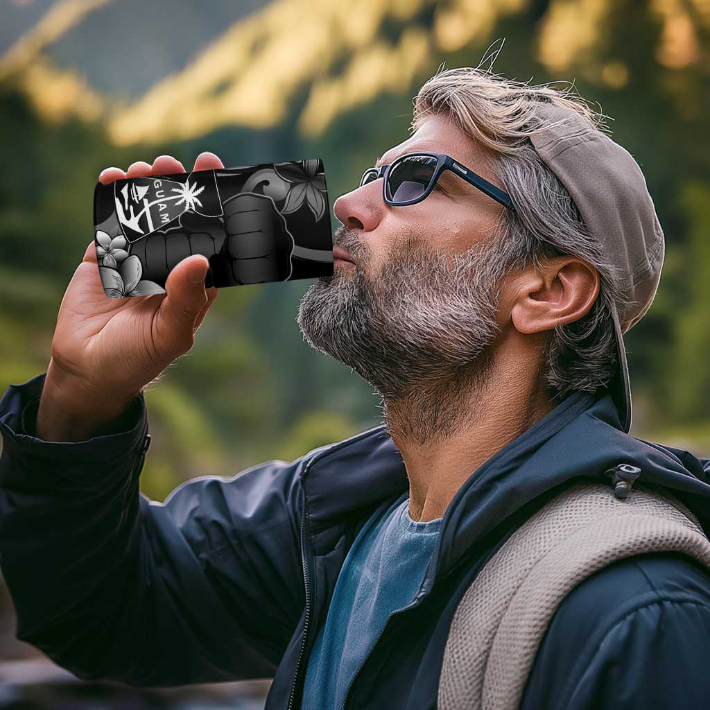 Black Hafa Adai Guam 4 in 1 Can Cooler Tumbler Chamorro Latte Stone Hand With Plumeria