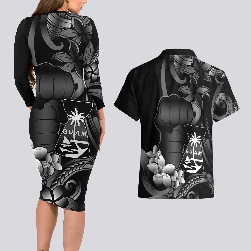Black Hafa Adai Guam Couples Matching Long Sleeve Bodycon Dress and Hawaiian Shirt Chamorro Latte Stone Hand With Plumeria