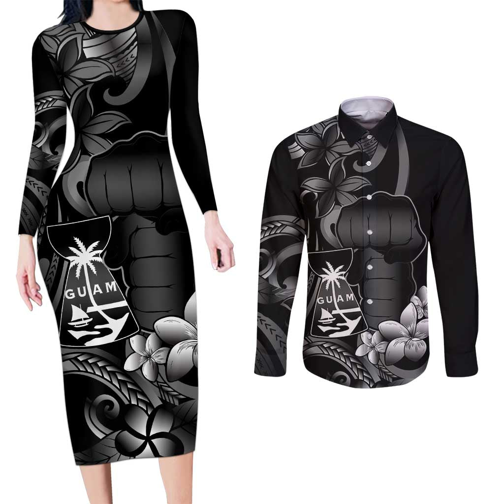 Black Hafa Adai Guam Couples Matching Long Sleeve Bodycon Dress and Long Sleeve Button Shirt Chamorro Latte Stone Hand With Plumeria